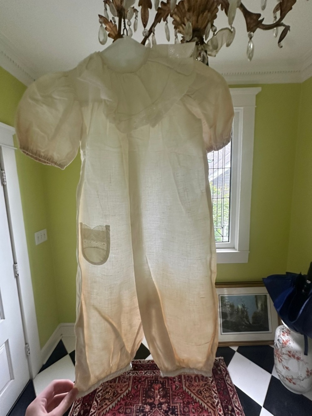 Vintage Handmade White Cotton Romper with Lace & Embroidery